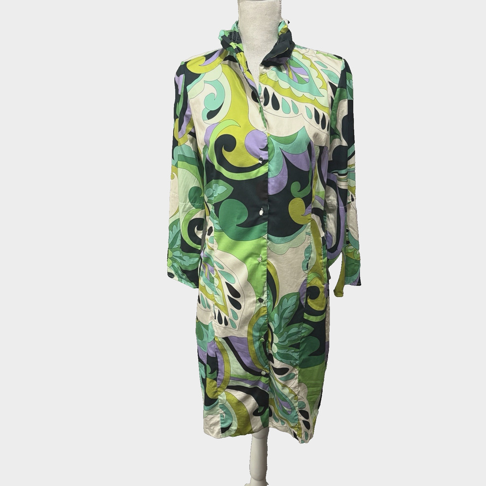 Patty Kim Elizabeth Shirt Dress Womens Sz S Green‎ Pockets Roll Tab - NO BELT